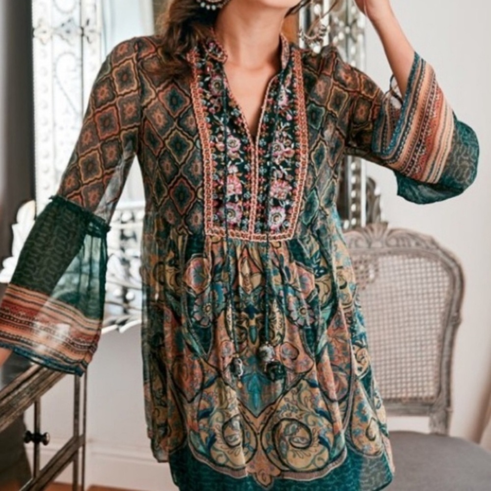 Soft Surroundings Emerald Shira Embroidered Floral Peasant Top Sz S - Picture 2 of 12